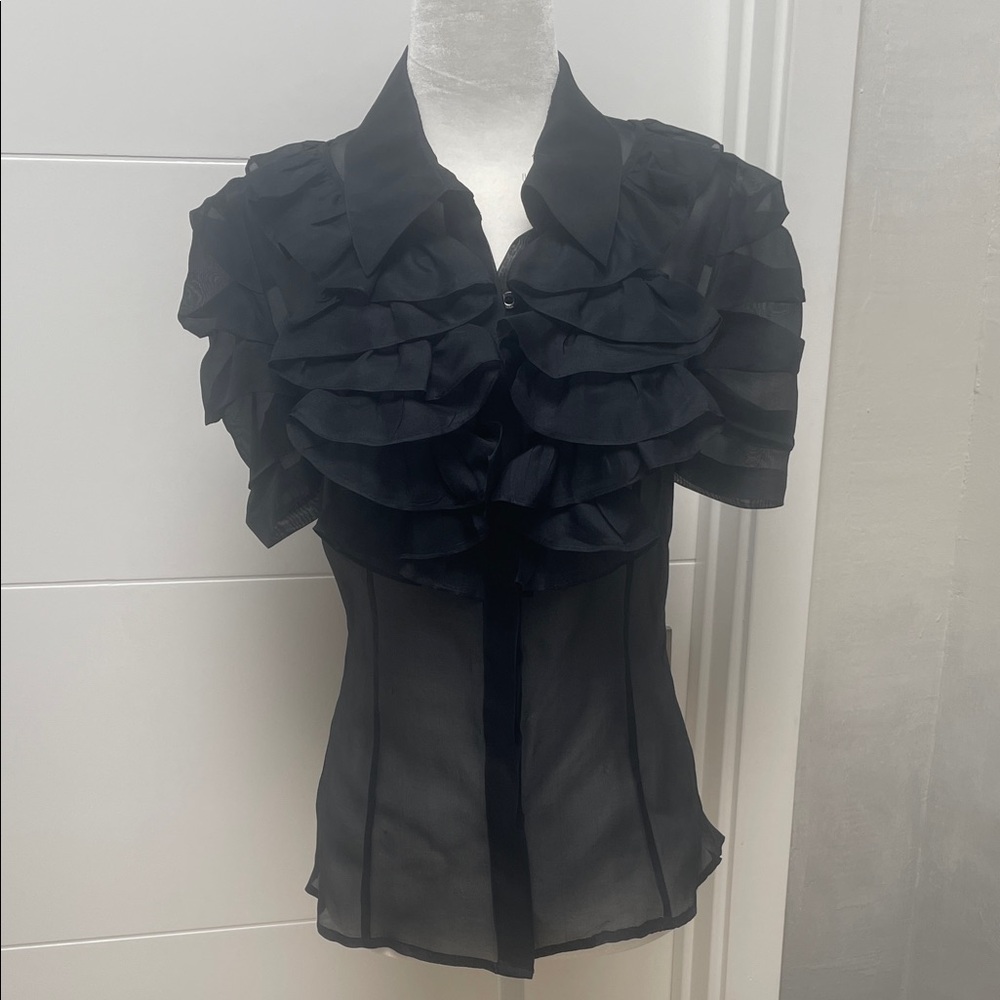 Silk 100% Black Ruffled Short-Sleeve Sheer Blouse